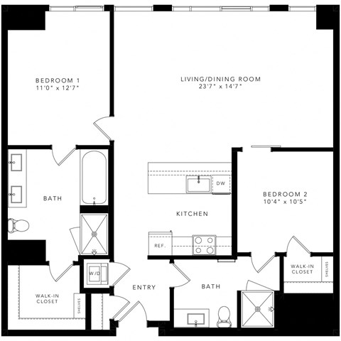 floor plan with 2 bedroom, 2 bathroom, kitchen, and living/dining room